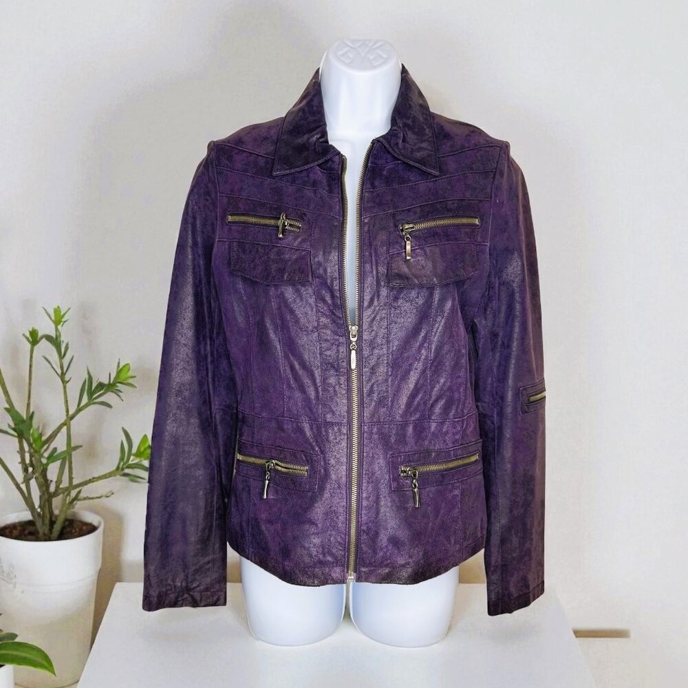 Dolce Vita Purple Leather Jacket Women’s Size S Moto Zip Pockets Genuine Leather